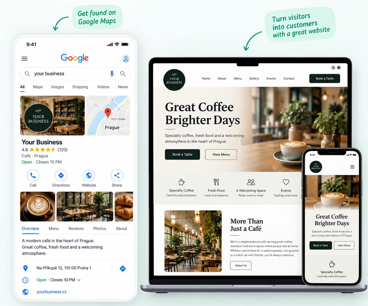 Google Maps listing and a local business website shown on laptop and mobile