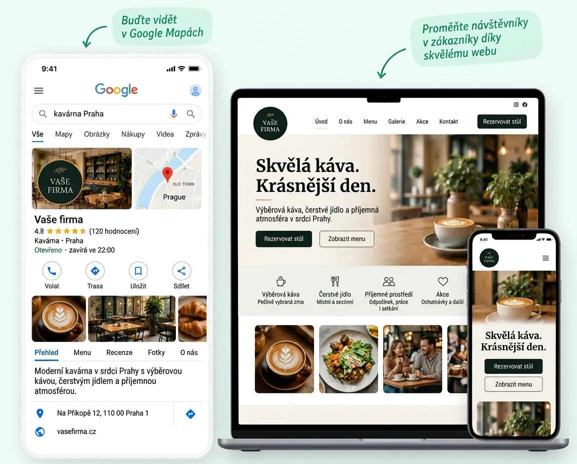 Firemní profil v Google Mapách a web lokální firmy na notebooku a mobilu