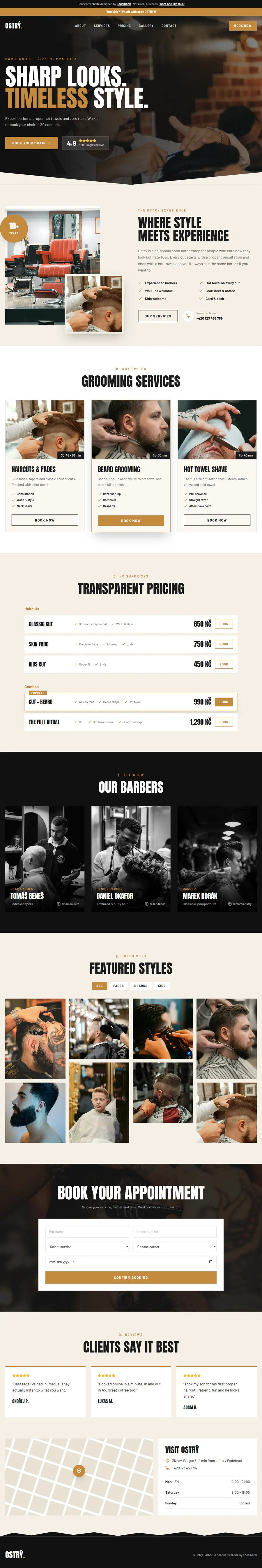 Ostrý Barber website on desktop, built by LocalRank