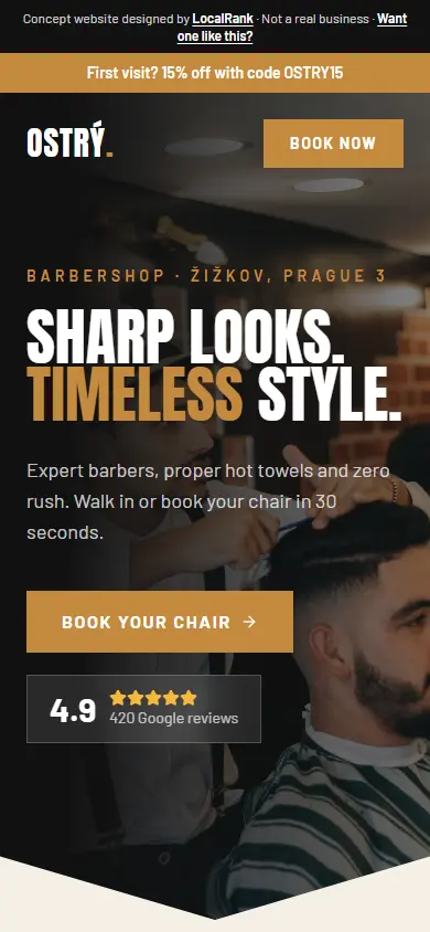 Ostrý Barber website on mobile