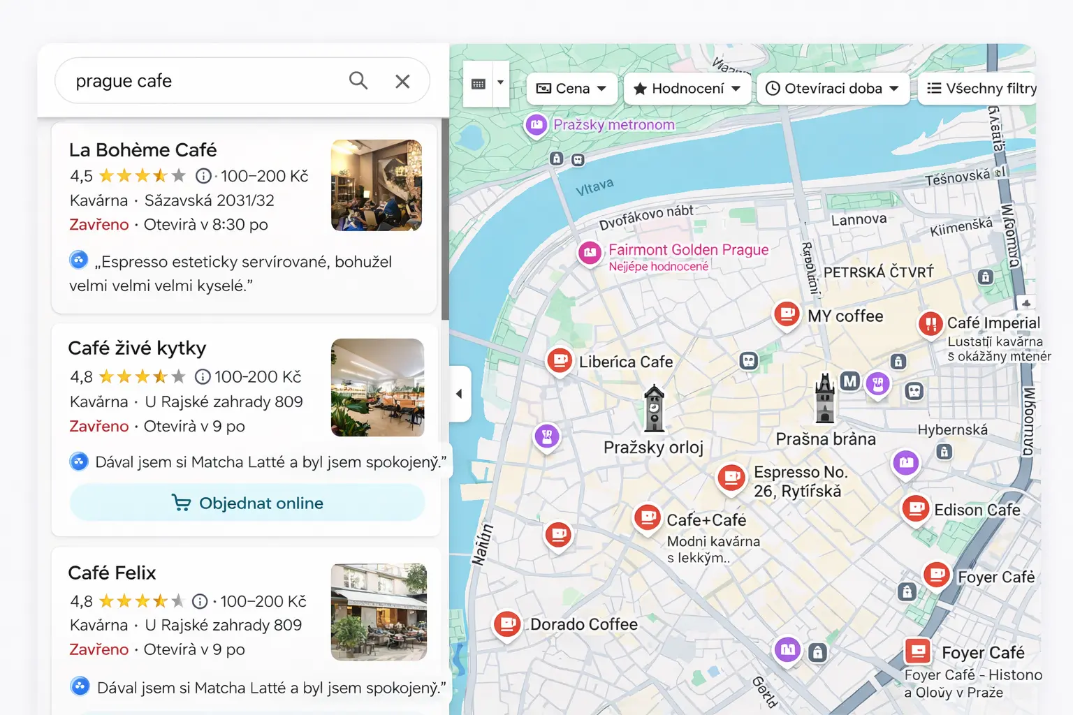 Overview of Prague with Google Maps interface showing local business results