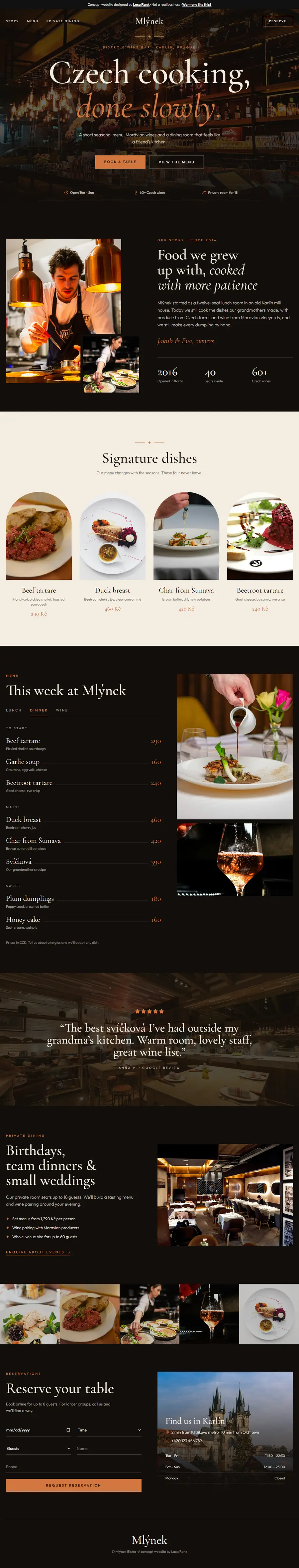Mlýnek Bistro website on desktop, built by LocalRank