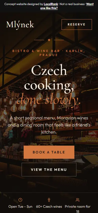 Mlýnek Bistro website on mobile