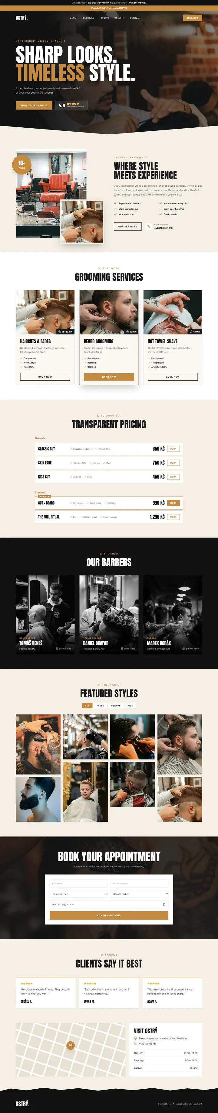 Full-page preview of the Ostrý Barber concept website