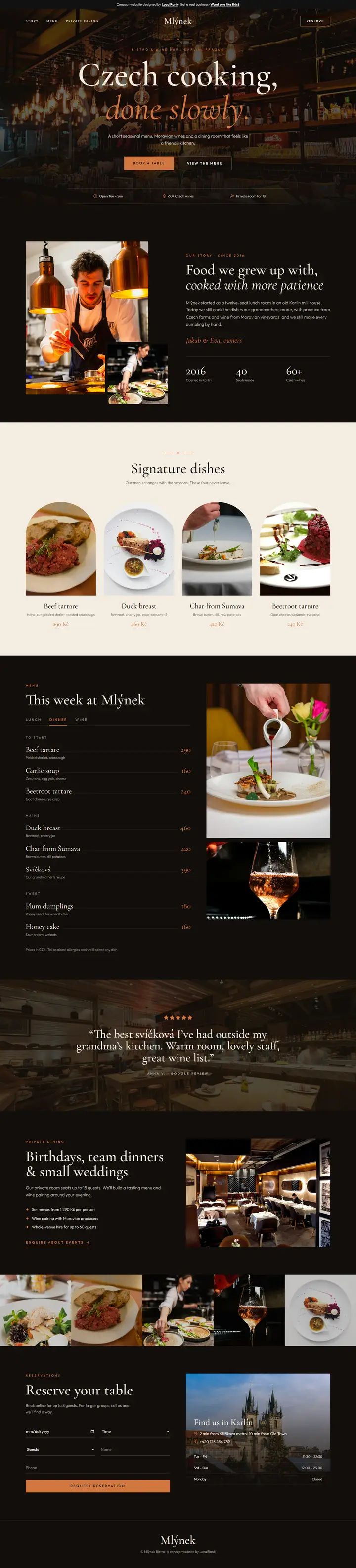 Full-page preview of the Mlýnek Bistro concept website